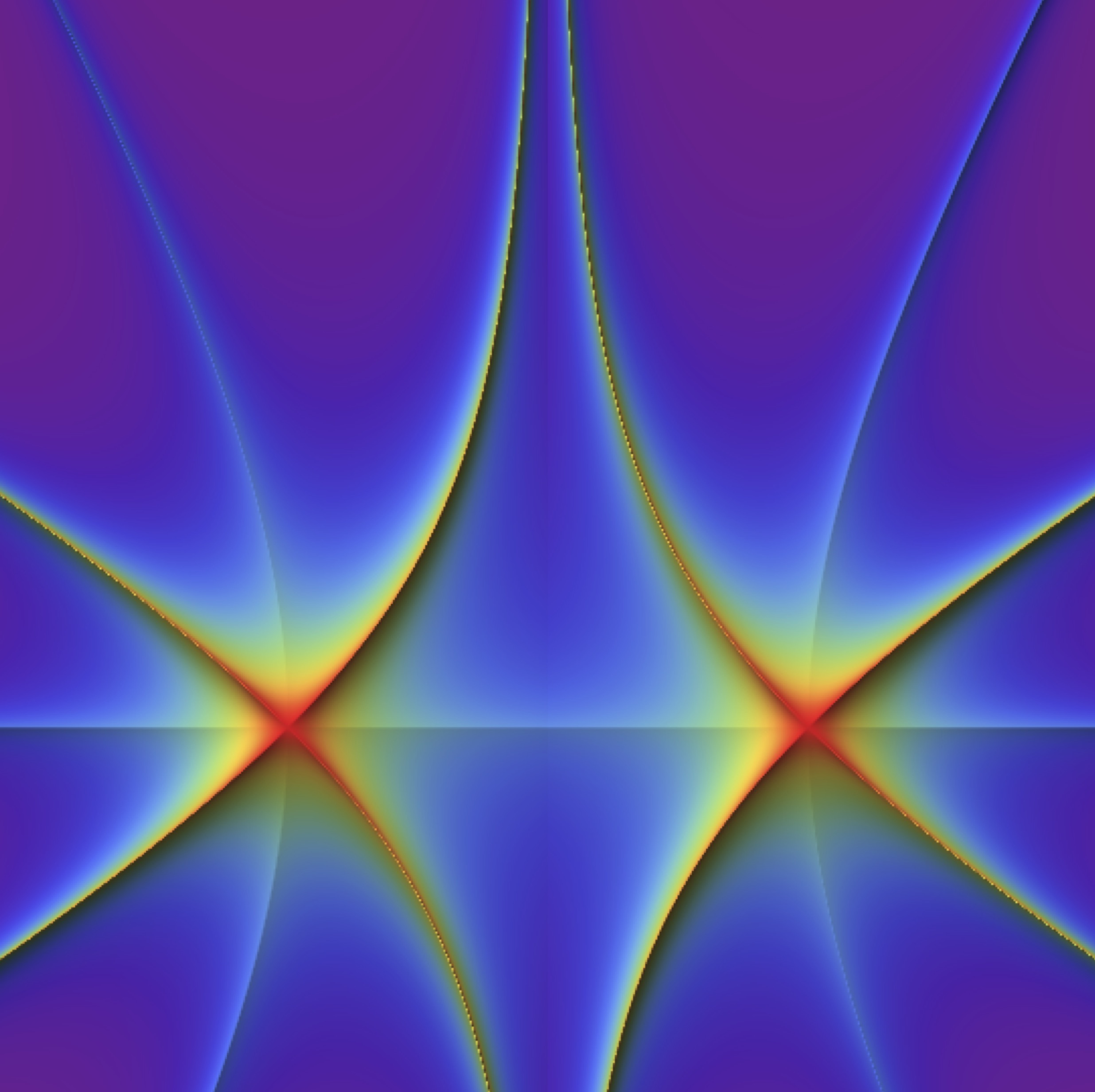 In this picture each point represents a possible evolution of the universe. The red lines show more likely universes. Where the lines cross are the most likely universes, which have a rounded-off "no-boundary" geometry.